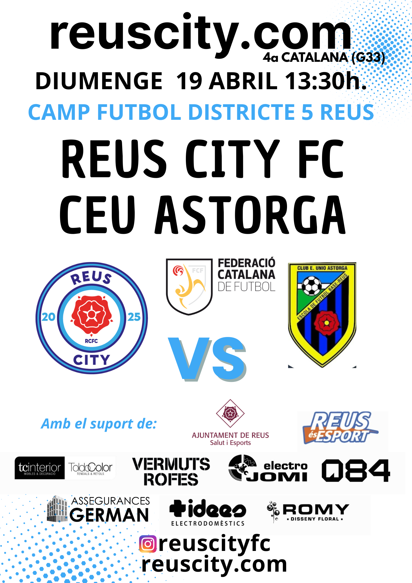 Reus viurà un derbi apassionant: Reus City FC vs Astorga CEU B aquest diumenge a les 13:30 hores.